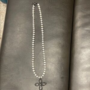 Silver White Rosary Necklace with Cross Pendant